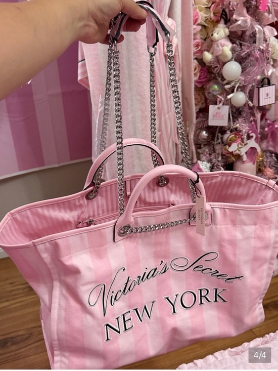 Victoria's Secret Handbags - Victoria's Secret Pink Striped Tote with Chain Handles